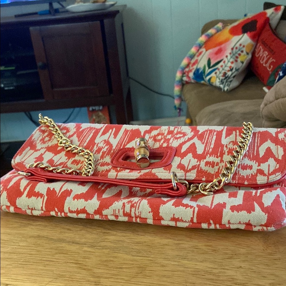 Chico's Red orange and Cream Patterned Chain-Handle Clutch